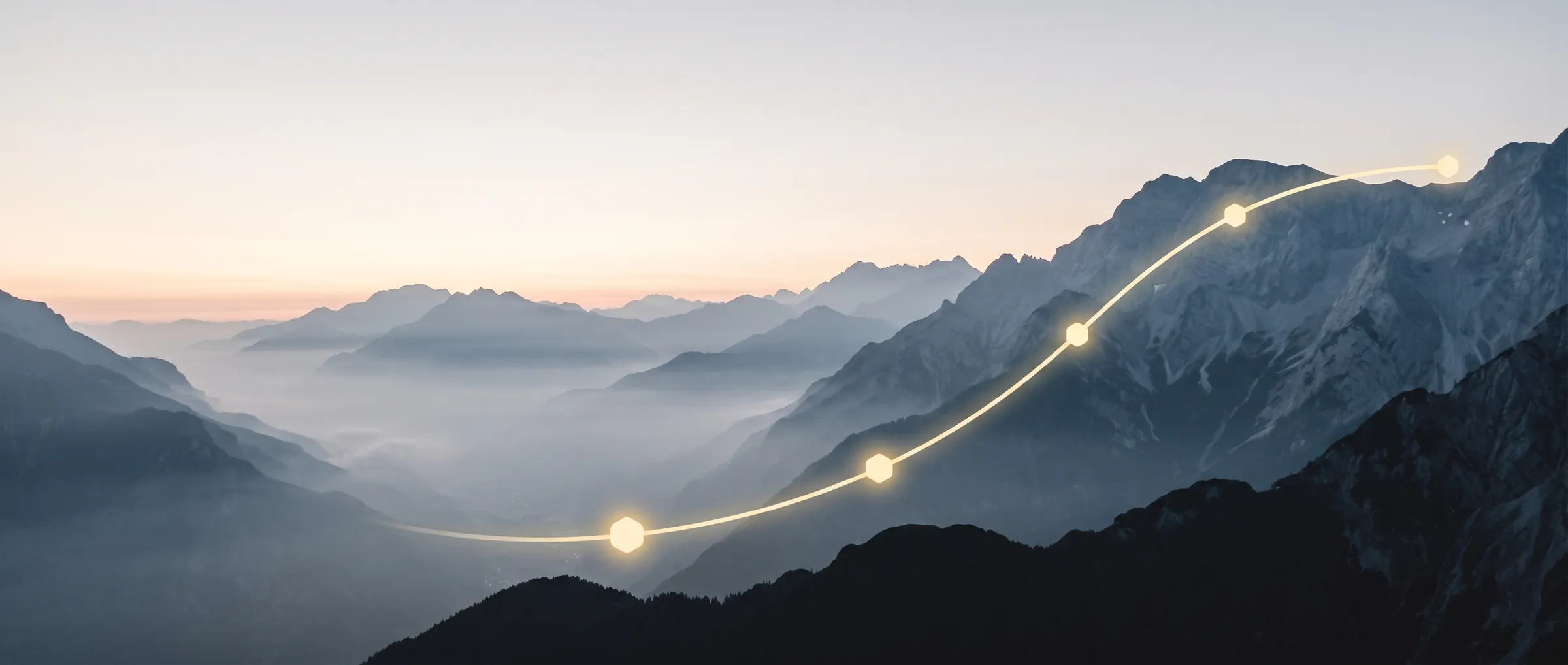 A glowing path climbing through misty mountains toward the summit, marked by hexagon waypoints