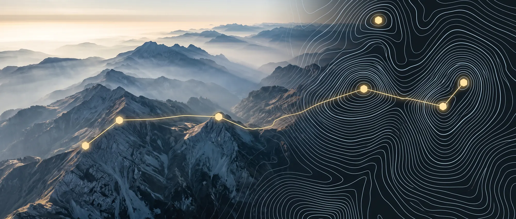 A glowing route traced across misty mountains into a contour map, like a nonprofit mapping where it appears in AI search
